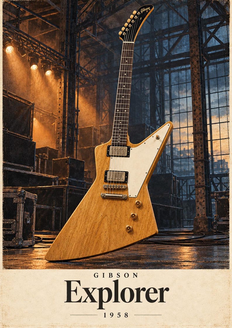 May include: A natural wood finish Gibson Explorer electric guitar with a white pickguard, two humbucker pickups, and three control knobs. The headstock features the Gibson logo. Below the guitar, the text reads GIBSON Explorer 1958.