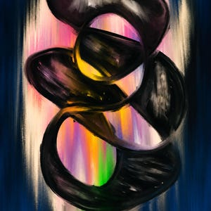 Op de afbeelding: Een abstract digitaal schilderij met dikke, donkere, wervelende zwarte penseelstreken over een levendige, verticale gradi&euml;ntachtergrond van roze, oranje, geel en groen, omlijst door donkerblauwe verticale banden aan de linker- en rechterkant.