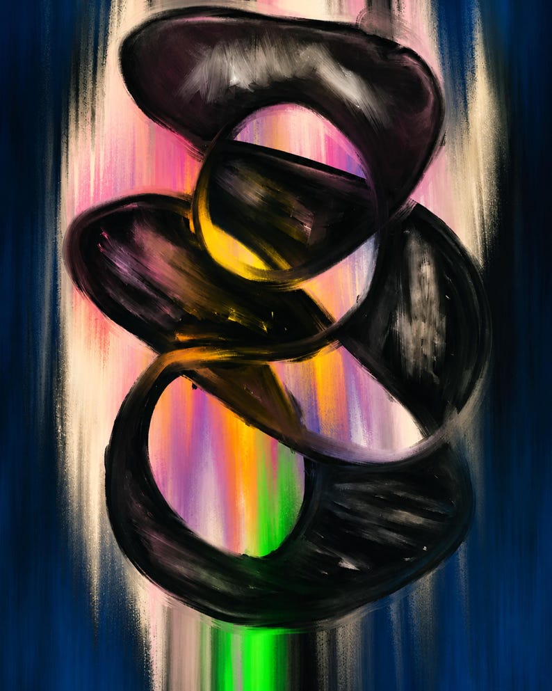 Op de afbeelding: Een abstract digitaal schilderij met dikke, donkere, wervelende zwarte penseelstreken over een levendige, verticale gradi&euml;ntachtergrond van roze, oranje, geel en groen, omlijst door donkerblauwe verticale banden aan de linker- en rechterkant.