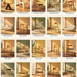 May include: A collection of twenty furniture pieces arranged in a grid, including various wooden chairs, stools, sofas, and a table. Each item is labeled with its name and designer, such as Butterfly Stool, Hiroshima Armchair, and CH36 Chair.