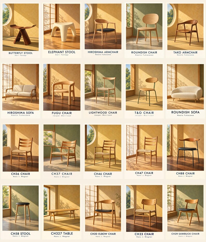 May include: A collection of twenty furniture pieces arranged in a grid, including various wooden chairs, stools, sofas, and a table. Each item is labeled with its name and designer, such as Butterfly Stool, Hiroshima Armchair, and CH36 Chair.