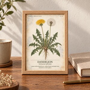 May include: A framed botanical print of a dandelion featuring a yellow flower, a white seed head, and green toothed leaves. The text reads: HERBARIUM - MEDICINAL PLANTS, 16/40, DANDELION, Taraxacum officinale, A plant with toothed leaves, yellow flowers.