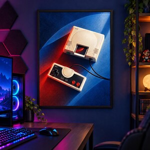 May include: A framed wall art print featuring a beige NEC video game console and a matching controller with a black faceplate, red buttons, and a directional pad, set against a vibrant blue and red abstract background with a sleek design.