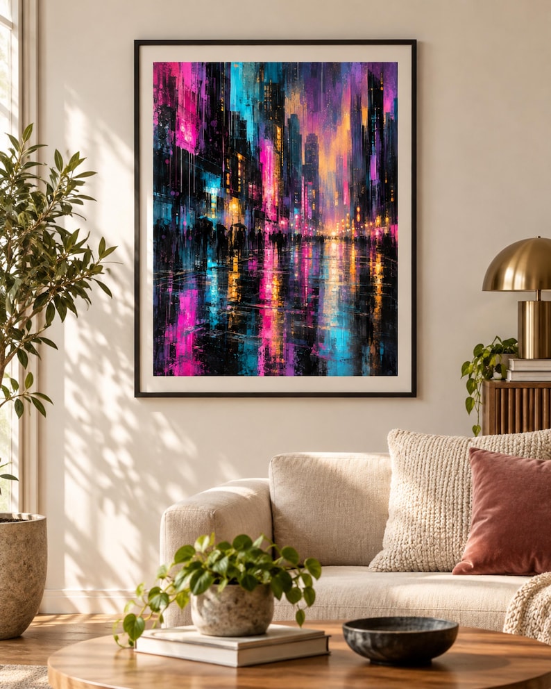 May include: A framed vertical wall art print depicting a vibrant city street scene at night. The composition features tall buildings with glowing neon pink, electric blue, and warm orange lights reflecting on a wet, dark ground surface.