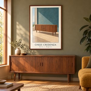 May include: A rectangular wooden credenza with sliding doors and tapered legs sits below a framed wall print. The print features a brown wooden credenza, a blue wall, and the text CH825 CREDENZA Hans J. Wegner in black lettering on a white background.
