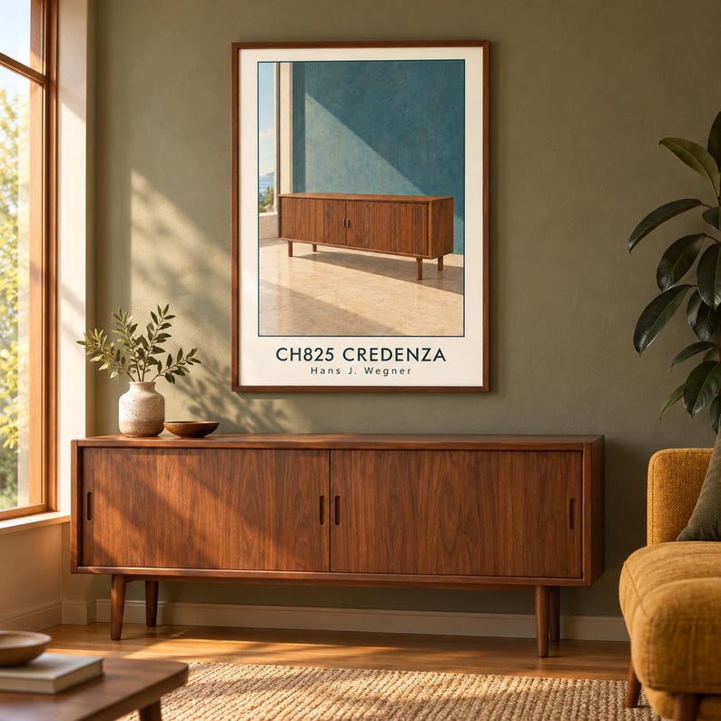 May include: A rectangular wooden credenza with sliding doors and tapered legs sits below a framed wall print. The print features a brown wooden credenza, a blue wall, and the text CH825 CREDENZA Hans J. Wegner in black lettering on a white background.