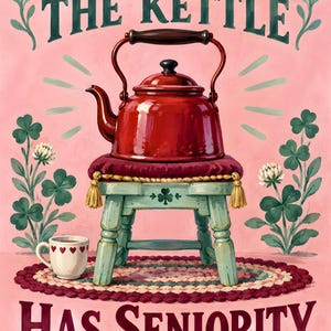 May include: A painting featuring a red kettle on a small light blue stool with a maroon cushion. A white mug with red hearts sits nearby. The text reads: IN IRELAND, THE KETTLE HAS SENIORITY. Green clover plants flank the stool on a pink background.