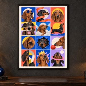 Puede incluir: Una impresi&oacute;n de arte mural enmarcada que presenta una cuadr&iacute;cula de doce paneles coloridos, cada uno con una fotograf&iacute;a diferente de un perro salchicha. Los perros aparecen en varias poses, incluyendo con gafas de sol azules, una corona amarilla y un halo rosa.
