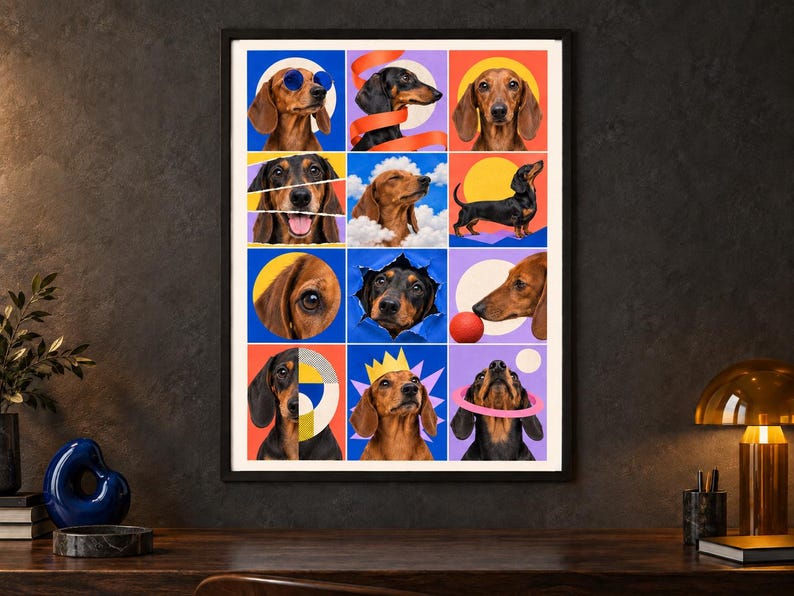 Puede incluir: Una impresi&oacute;n de arte mural enmarcada que presenta una cuadr&iacute;cula de doce paneles coloridos, cada uno con una fotograf&iacute;a diferente de un perro salchicha. Los perros aparecen en varias poses, incluyendo con gafas de sol azules, una corona amarilla y un halo rosa.