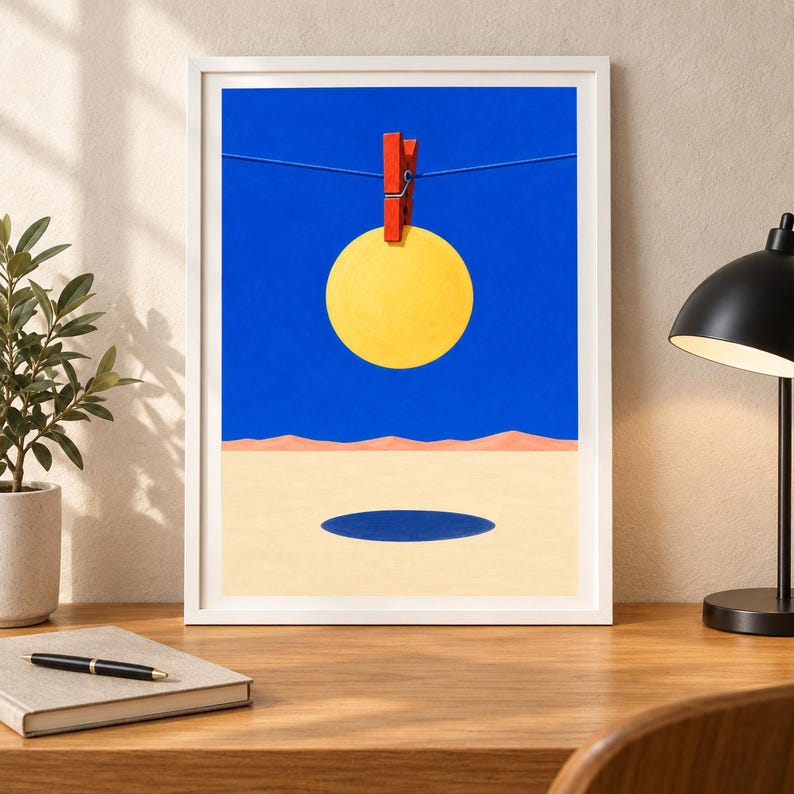 Peut inclure: Une impression d'art encadr&eacute;e repr&eacute;sentant un paysage surr&eacute;aliste avec un cercle jaune vif suspendu par une pince &agrave; linge rouge sur une ligne fine contre un ciel bleu profond, au-dessus d'un sol d&eacute;sertique beige avec une ombre circulaire bleu fonc&eacute;.
