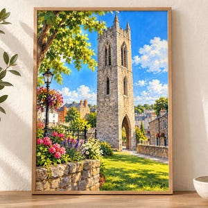 May include: A framed wall art print depicting a tall, weathered stone bell tower standing in a sunlit garden. The scene features a vibrant flower bed with pink and purple blossoms, a black iron lamp post, green trees, and a bright blue sky with clouds.