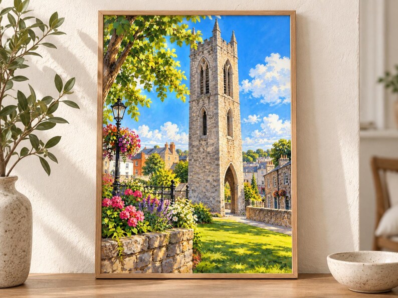 May include: A framed wall art print depicting a tall, weathered stone bell tower standing in a sunlit garden. The scene features a vibrant flower bed with pink and purple blossoms, a black iron lamp post, green trees, and a bright blue sky with clouds.