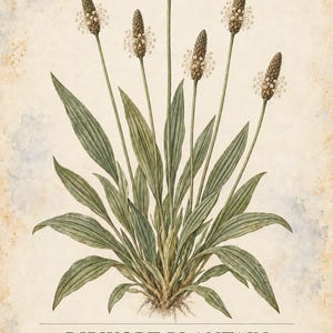 Op de afbeelding: Een botanische print van smalle weegbree, Plantago lanceolata, met groene, parallel generfde bladeren en zes lange, slanke stengels met compacte, getextureerde bloemaren. De tekst luidt Herbarium Medicinal Plants 28/40.