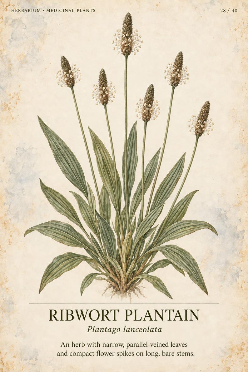 Op de afbeelding: Een botanische print van smalle weegbree, Plantago lanceolata, met groene, parallel generfde bladeren en zes lange, slanke stengels met compacte, getextureerde bloemaren. De tekst luidt Herbarium Medicinal Plants 28/40.