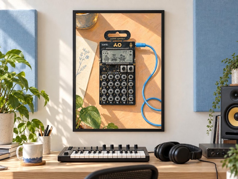 May include: A framed print featuring a black Teenage Engineering PO-32 Tonic pocket operator synthesizer with a digital screen, sixteen circular knobs, and a blue audio cable plugged into the side, displayed against a warm, light-colored background.