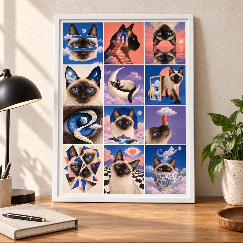Op de afbeelding: Een ingelijste muurkunstprint met een raster van twaalf surrealistische illustraties van Siamezen. Het kunstwerk toont diverse sc&egrave;nes, waaronder katten met blauwe ogen, hemelse manen, trappen, wolken, spiegels en theekopjes in een levendig kleurenpalet.
