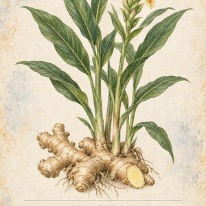 K&ouml;nnte beinhalten: Eine botanische Illustration einer Ingwerpflanze, Zingiber officinale, mit gr&uuml;nen Bl&auml;ttern, einer gelben Bl&uuml;te und einem beigen Rhizom. Der Text lautet HERBARIO PLANTAS MEDICINALES 21 / 40, JENGIBRE, Zingiber officinale, sowie eine spanische Beschreibung.