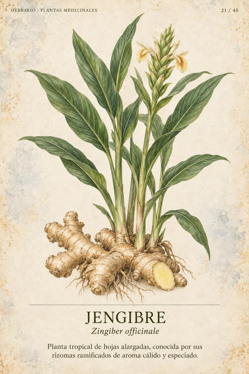 K&ouml;nnte beinhalten: Eine botanische Illustration einer Ingwerpflanze, Zingiber officinale, mit gr&uuml;nen Bl&auml;ttern, einer gelben Bl&uuml;te und einem beigen Rhizom. Der Text lautet HERBARIO PLANTAS MEDICINALES 21 / 40, JENGIBRE, Zingiber officinale, sowie eine spanische Beschreibung.