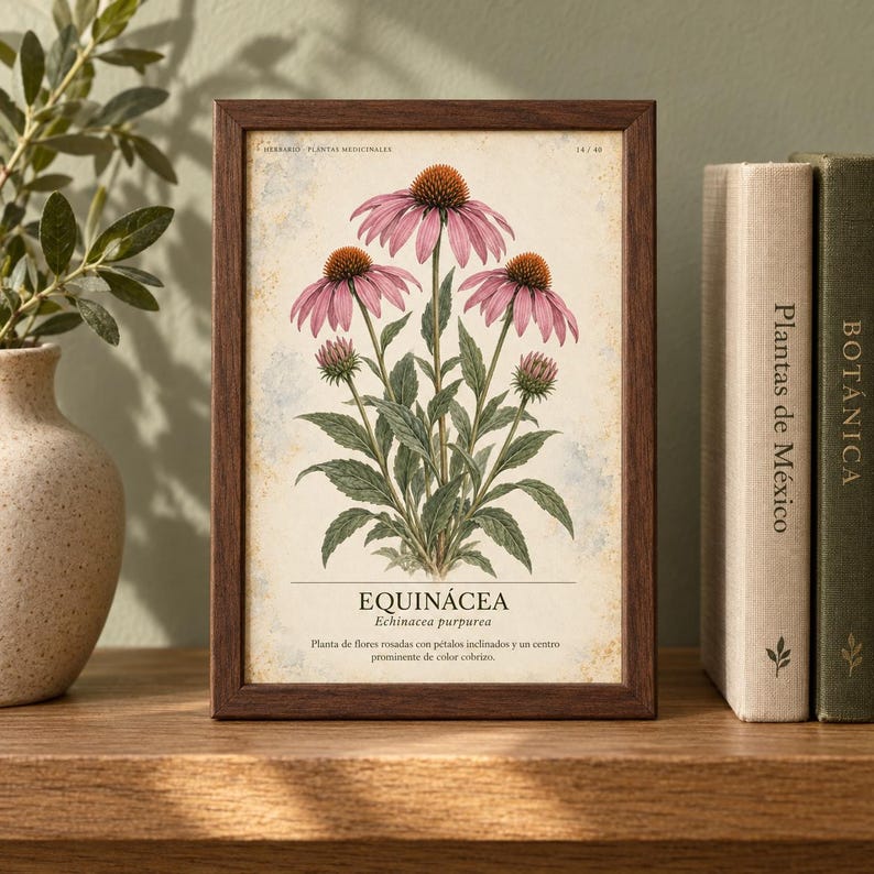 May include: A framed botanical print featuring a detailed illustration of an Echinacea purpurea plant with pink petals and copper-coloured centres. The print includes the text "HERBARIO PLANTAS MEDICINALES", "EQUIN&Aacute;CEA", and "Echinacea purpurea".
