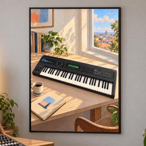 May include: A black Roland D-50 synthesiser keyboard with white and black keys, a green digital display, and various control knobs, positioned on a wooden desk next to a ceramic mug and a book, framed as a wall art print in a room.
