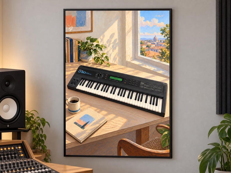 May include: A black Roland D-50 synthesiser keyboard with white and black keys, a green digital display, and various control knobs, positioned on a wooden desk next to a ceramic mug and a book, framed as a wall art print in a room.