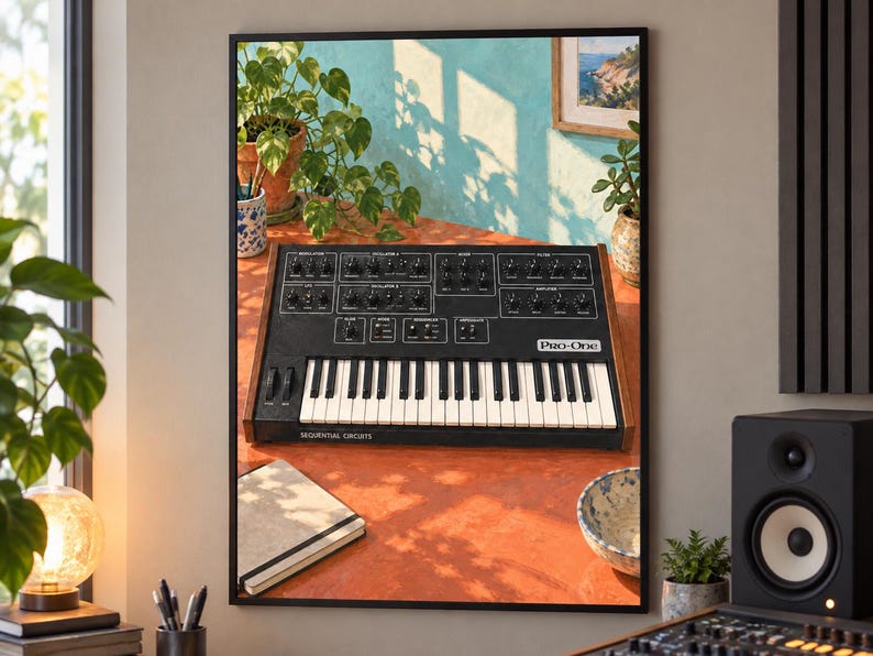 Pu&ograve; includere: Una stampa artistica da parete incorniciata che raffigura un sintetizzatore analogico nero Sequential Circuits Pro-One con pannelli laterali in legno, posizionato su una superficie arancione vivace con piante in vaso e un taccuino.