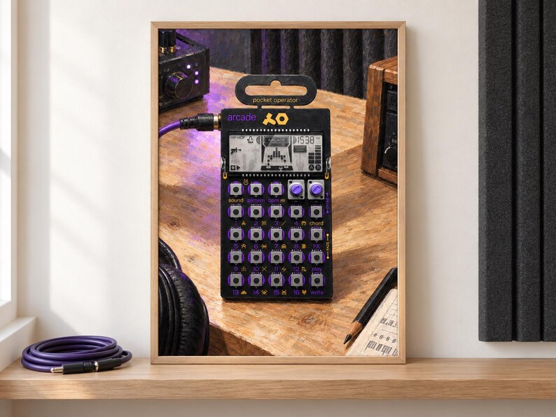 May include: A black Teenage Engineering PO-20 Arcade pocket operator synthesizer featuring a monochrome LCD screen, purple buttons, and two rotary knobs. The device is labeled with the text arcade and pocket operator, connected by a purple cable.