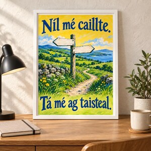Op de afbeelding: Een ingelijste kunstdruk met een landschapsillustratie van een zandpad, groene heuvels en een houten wegwijzer. De tekst "N&iacute;l m&eacute; caillte. T&aacute; m&eacute; ag taisteal." staat in blauwe letters gedrukt tegen een gele lucht op de achtergrond.