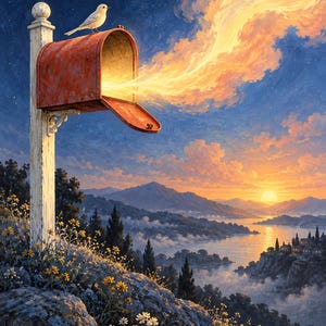 Peut inclure: Une bo&icirc;te aux lettres rouge us&eacute;e sur un poteau blanc au sommet d'une colline rocheuse, avec un petit oiseau blanc perch&eacute; dessus. Un flux de lumi&egrave;re dor&eacute;e s'&eacute;chappe de la bo&icirc;te ouverte vers un ciel cr&eacute;pusculaire au-dessus d'un lac et montagnes.