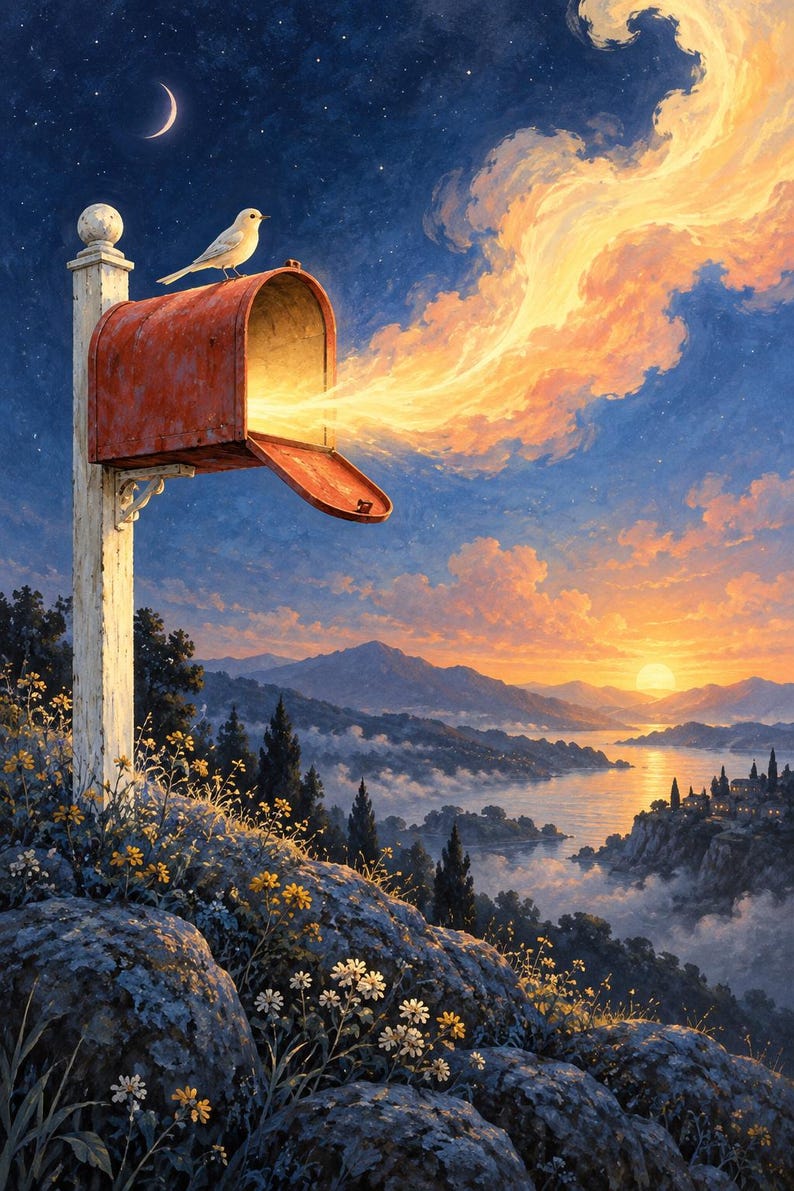 Peut inclure: Une bo&icirc;te aux lettres rouge us&eacute;e sur un poteau blanc au sommet d'une colline rocheuse, avec un petit oiseau blanc perch&eacute; dessus. Un flux de lumi&egrave;re dor&eacute;e s'&eacute;chappe de la bo&icirc;te ouverte vers un ciel cr&eacute;pusculaire au-dessus d'un lac et montagnes.