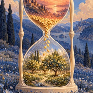 May include: An hourglass with a light-coloured frame containing a landscape scene. The top bulb shows a sunset over a coastal village, while the bottom bulb displays a lemon orchard with a stream. Grains fall from the top to the bottom bulb.
