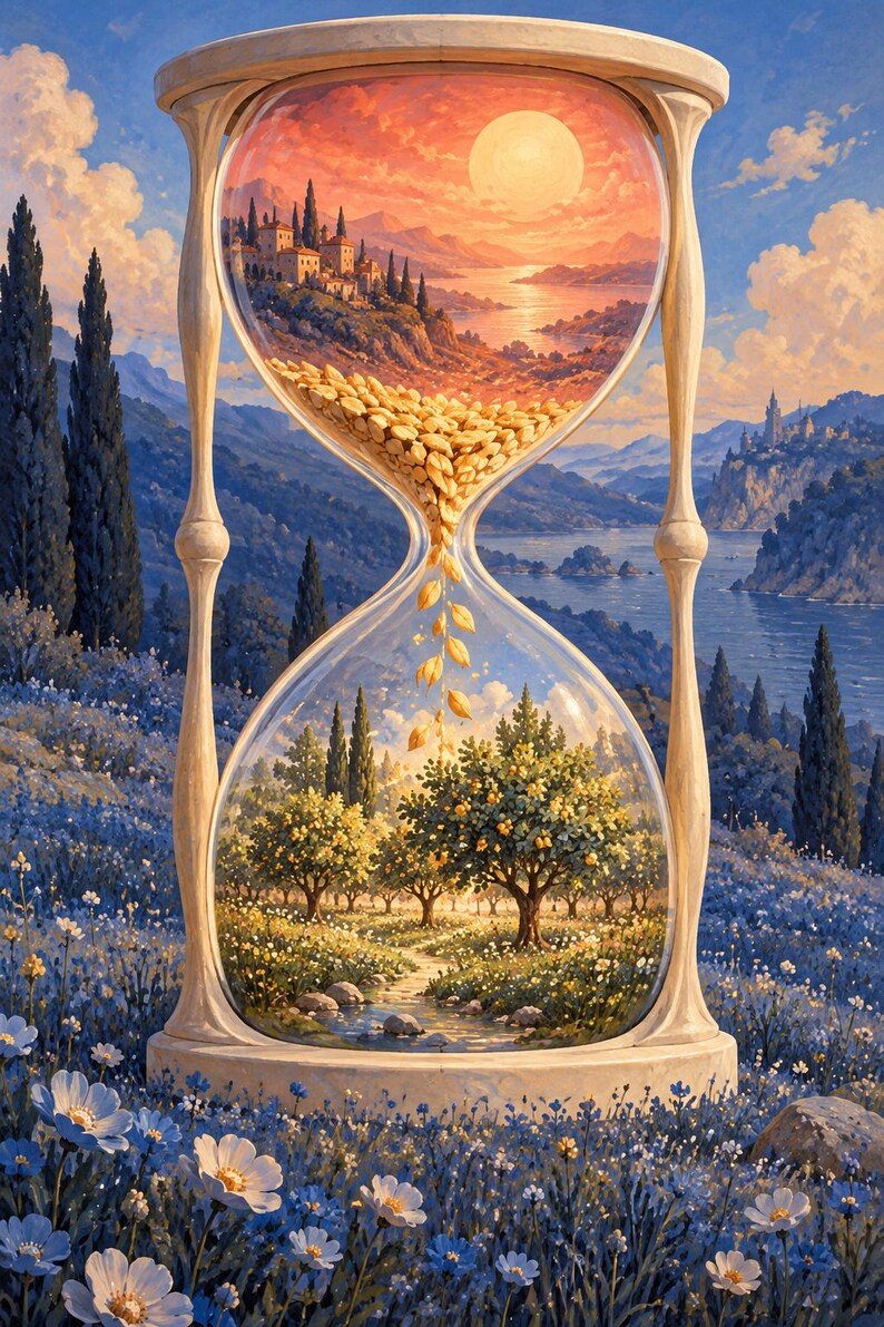 May include: An hourglass with a light-coloured frame containing a landscape scene. The top bulb shows a sunset over a coastal village, while the bottom bulb displays a lemon orchard with a stream. Grains fall from the top to the bottom bulb.