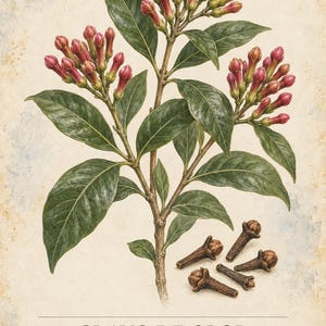 Puede incluir: Una ilustraci&oacute;n bot&aacute;nica de un clavero con hojas verdes y racimos de botones florales de color rosa rojizo. Cinco clavos de olor secos aparecen en la parte inferior derecha. El texto dice HERBARIO PLANTAS MEDICINALES 39/40 CLAVO DE OLOR Syzygium aromaticum.