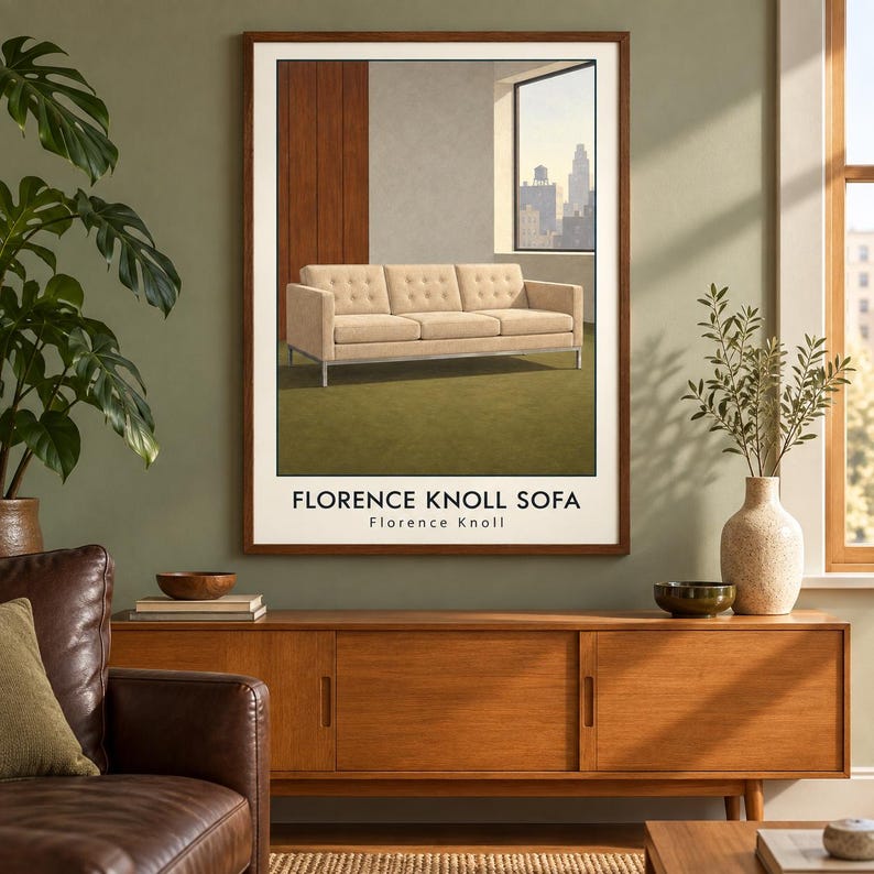 May include: A framed wall art print featuring a beige tufted sofa with a metal frame, set in a room with a window view of a city skyline. The text FLORENCE KNOLL SOFA and Florence Knoll is printed in black at the bottom of the white-bordered image.