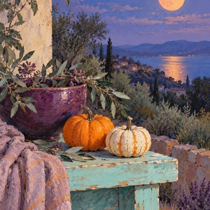 May include: A painting of a turquoise distressed wooden table holding a deep purple bowl with greenery, an orange pumpkin, and a white pumpkin with orange stripes. A textured lavender cloth hangs off the side, with a moonlit coastal landscape background.
