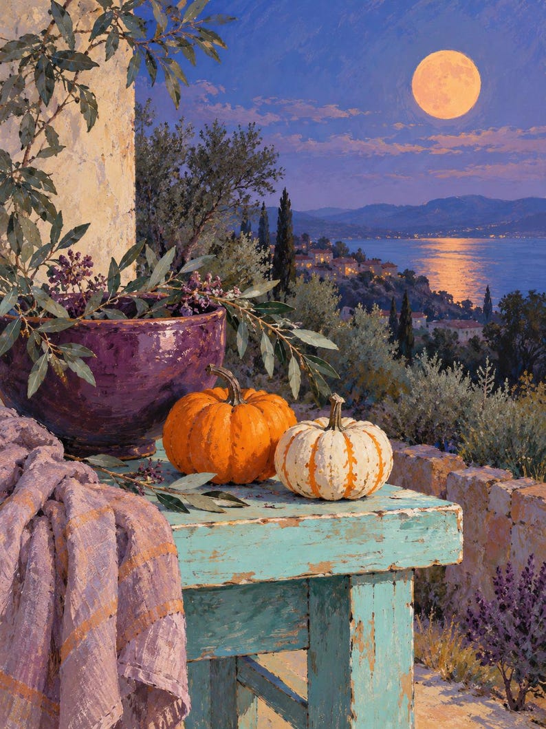 May include: A painting of a turquoise distressed wooden table holding a deep purple bowl with greenery, an orange pumpkin, and a white pumpkin with orange stripes. A textured lavender cloth hangs off the side, with a moonlit coastal landscape background.