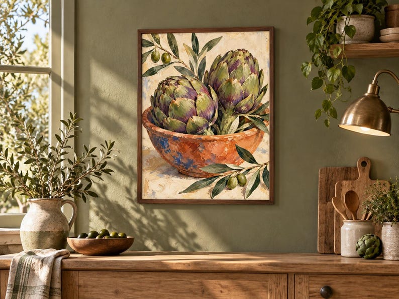 May include: A framed wall art print featuring a painting of two green and purple artichokes resting in a rustic, textured orange bowl. The artwork includes sprigs of green olive leaves and small olives, rendered in a painterly style with visible brushstrokes.