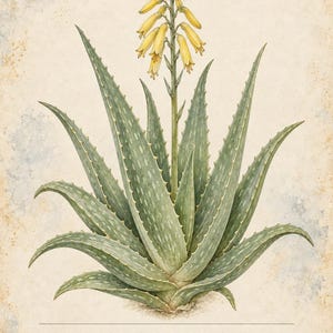 May include: A botanical illustration of an Aloe vera plant with fleshy, serrated green leaves in a rosette and a tall yellow flower spike. The text reads HERBARIO PLANTAS MEDICINALES 12/40, ALOE VERA, and a description of the succulent plant.