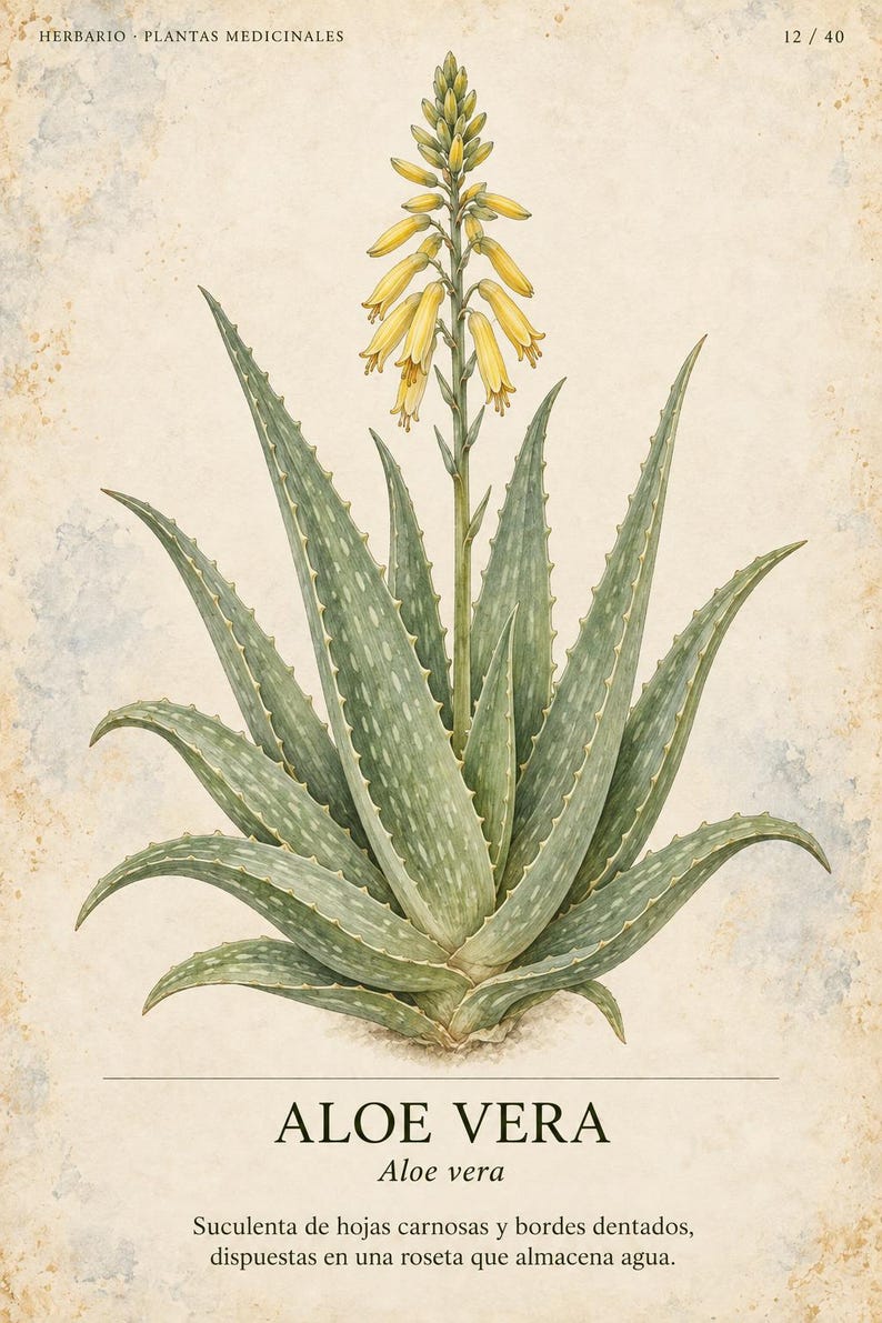 May include: A botanical illustration of an Aloe vera plant with fleshy, serrated green leaves in a rosette and a tall yellow flower spike. The text reads HERBARIO PLANTAS MEDICINALES 12/40, ALOE VERA, and a description of the succulent plant.