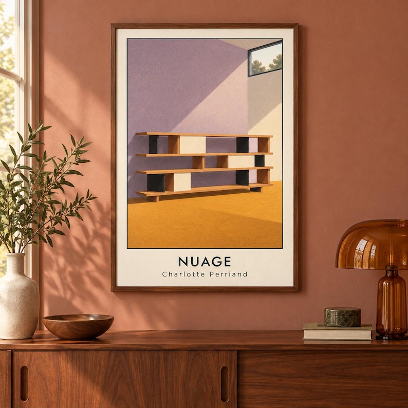 May include: A framed art print featuring a Nuage shelving unit by Charlotte Perriand. The illustration depicts a wooden shelf with black and white accents against a purple wall and yellow floor, with the text NUAGE Charlotte Perriand below.