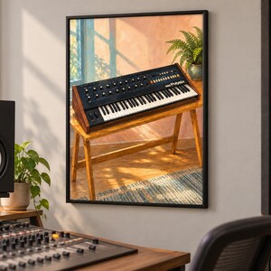 May include: A framed wall art print depicting a Korg Poly-61 analogue synthesiser resting on a wooden table. The keyboard features a black control panel with numerous knobs, white and black keys, and wooden side panels, set against a warm, sunlit background.