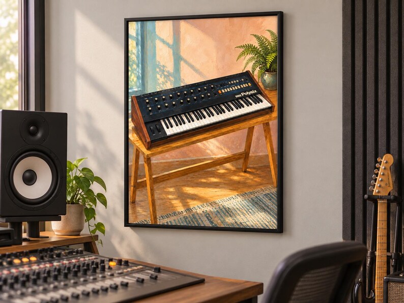 May include: A framed wall art print depicting a Korg Poly-61 analogue synthesiser resting on a wooden table. The keyboard features a black control panel with numerous knobs, white and black keys, and wooden side panels, set against a warm, sunlit background.
