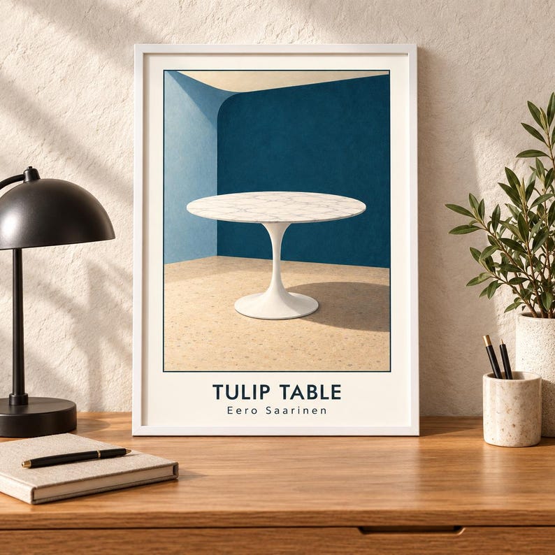 May include: A framed wall art print featuring a white marble tulip table with a pedestal base. The illustration shows the table against a blue wall and a beige floor. The text TULIP TABLE and Eero Saarinen is printed in black at the bottom of the print.