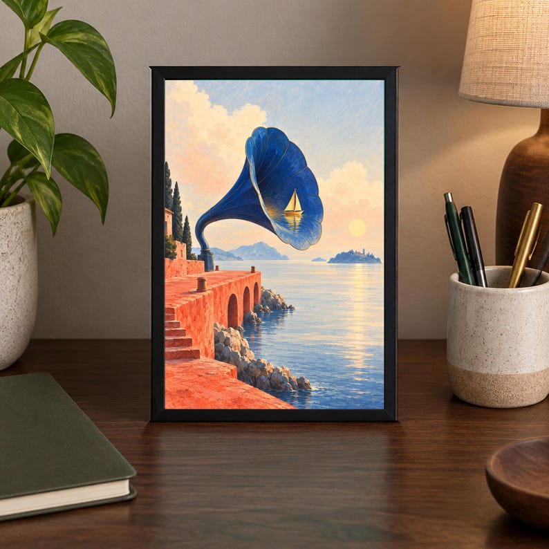 May include: A framed rectangular print featuring a surreal coastal scene with a large blue gramophone horn emerging from a red stone terrace. A small white sailboat is visible inside the horn, set against a calm sea, distant islands, and a sunset sky.