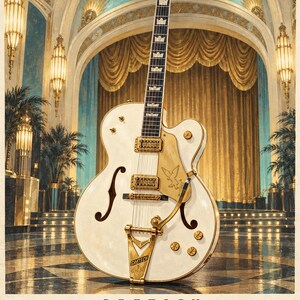 May include: A white hollow-body electric guitar with gold hardware, featuring a Gretsch logo on the headstock, a gold pickguard with a falcon graphic, f-holes, and a vibrato tailpiece. The text Gretsch White Falcon 1955 appears below the guitar.
