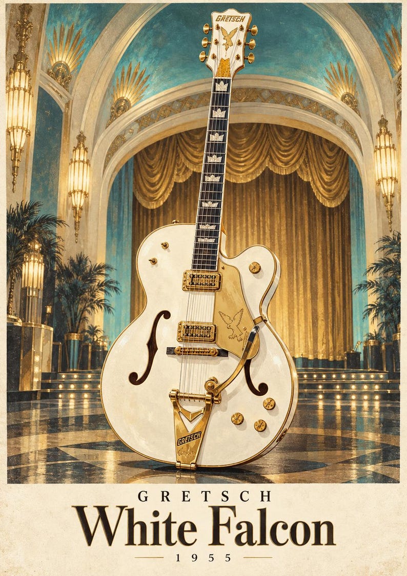 May include: A white hollow-body electric guitar with gold hardware, featuring a Gretsch logo on the headstock, a gold pickguard with a falcon graphic, f-holes, and a vibrato tailpiece. The text Gretsch White Falcon 1955 appears below the guitar.