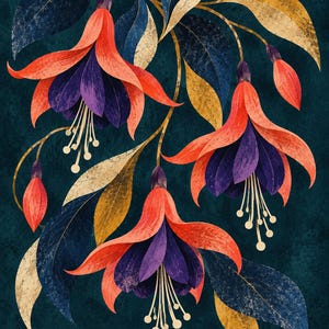 Op de afbeelding: Een botanische illustratie met drie fuchsia bloemen met levendige koraalrode kelkbladeren en dieppaarse bloemblaadjes. De bloemen hangen aan slanke stengels, vergezeld door donkerblauwe en goudgele bladeren tegen een donkergroenblauwe achtergrond.