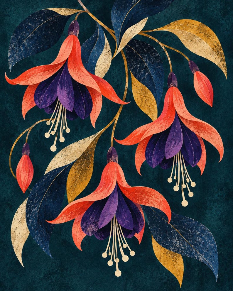 Op de afbeelding: Een botanische illustratie met drie fuchsia bloemen met levendige koraalrode kelkbladeren en dieppaarse bloemblaadjes. De bloemen hangen aan slanke stengels, vergezeld door donkerblauwe en goudgele bladeren tegen een donkergroenblauwe achtergrond.