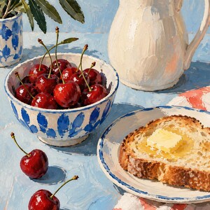 May include: An oil painting depicting a white ceramic bowl filled with glossy red cherries, a white pitcher, a plate with a slice of buttered toast, and two loose cherries on a light blue surface, accompanied by a green leafy branch in a vase.