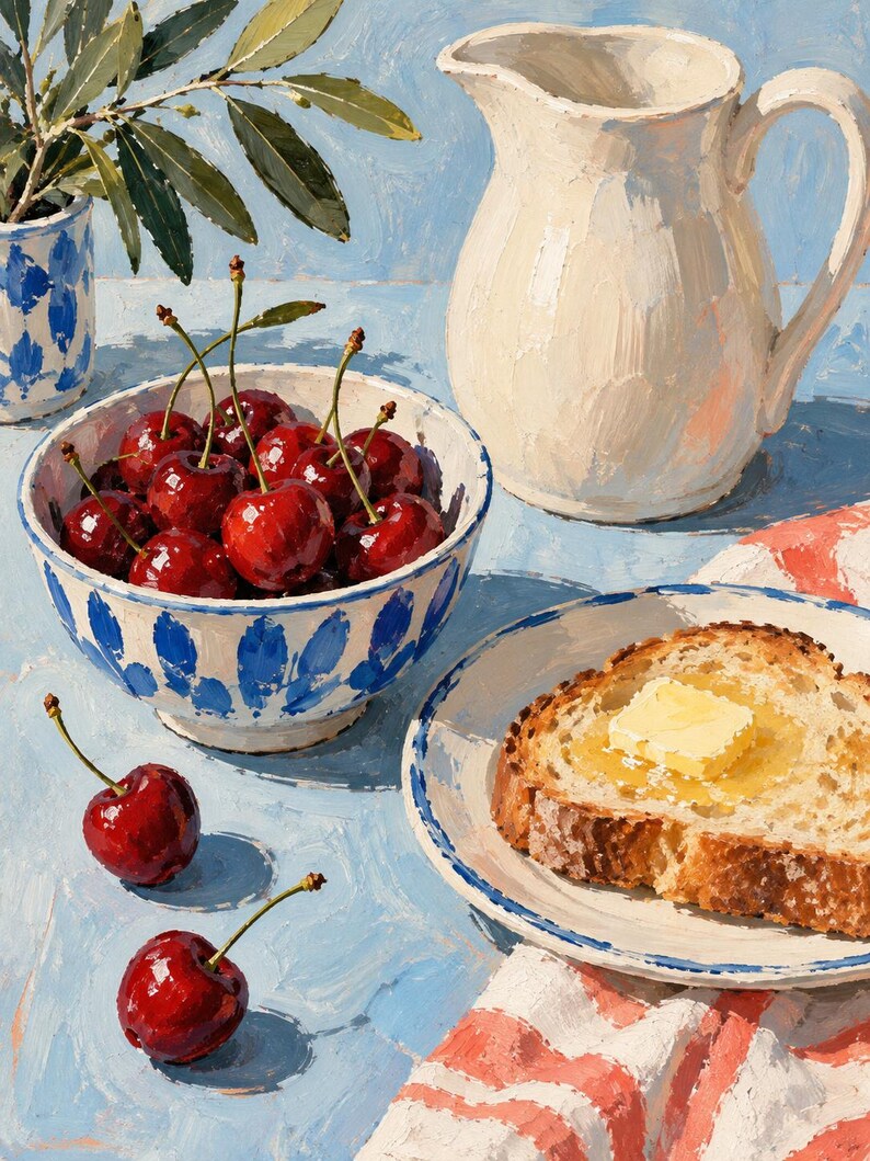 May include: An oil painting depicting a white ceramic bowl filled with glossy red cherries, a white pitcher, a plate with a slice of buttered toast, and two loose cherries on a light blue surface, accompanied by a green leafy branch in a vase.